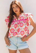 Load image into Gallery viewer, Rose Floral Ruffled Sleeve Ric-rac Trim Split Neck Loose Blouse
