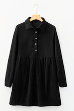 Load image into Gallery viewer, Black Corduroy Half Button Collared Long Sleeve Mini Dress
