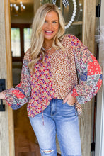 Load image into Gallery viewer, Orange Mixed Floral Printed Long Sleeve Tied V Neck Blouse
