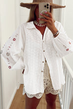 Load image into Gallery viewer, White Floral Embroidered Puff Sleeve Eyelet Patchwork Shirt
