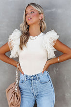 Load image into Gallery viewer, White Dotty Mesh Ruffle Sleeve Ribbed Knit Top
