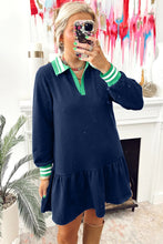 Load image into Gallery viewer, Navy Blue Contrast Striped Cuffs Polo Collar Patchwork Long Sleeve Ruffle Hem Mini Dress
