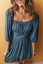 Load image into Gallery viewer, Real Teal Frilled Neckline 3/4 Sleeve Layered Ruched Mini Dress
