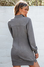Load image into Gallery viewer, Dark Grey Zip up Collared Ribbed Patchwork Sweatshirt Dress with Pockets
