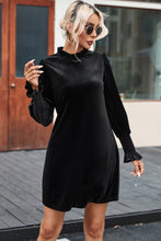 Load image into Gallery viewer, Black Velvet Frill Neck Long Sleeve Shift Dress
