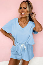 Load image into Gallery viewer, Myosotis V Neck Drop Shoulder Tee and Patchwork Drawstring Elastic Waistband Shorts Set
