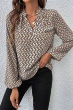Load image into Gallery viewer, Khaki Geometric Print Notched Neck Puff Sleeve Blouse
