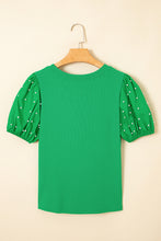 Load image into Gallery viewer, Bright Green Ribbed Pearl Beaded Puff Sleeve Top
