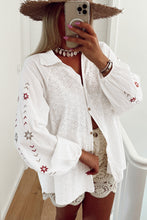 Load image into Gallery viewer, White Floral Embroidered Puff Sleeve Eyelet Patchwork Shirt
