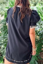 Load image into Gallery viewer, Black Leopard Trim Notched Neck Short Puff Sleeve Shift Mini Dress
