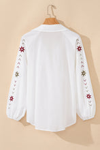 Load image into Gallery viewer, White Floral Embroidered Puff Sleeve Eyelet Patchwork Shirt
