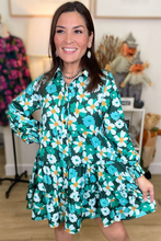 Load image into Gallery viewer, Green Floral Tiered Long Puff Sleeve Shirt Dress
