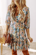 Load image into Gallery viewer, Sky Blue Floral 3/4 Sleeve V Neck High Waist Ruffled Dress
