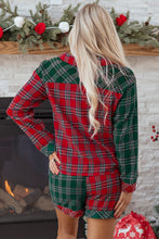 Load image into Gallery viewer, Red Plaid Contrast Patched Christmas Holiday Long Sleeve Shirt and Short 2pcs Pajama Set
