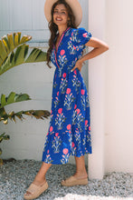 Load image into Gallery viewer, Sky Blue Floral Puff Short Sleeve V Neck High Waist Maxi Dress
