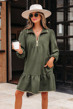 Load image into Gallery viewer, Dearlove Jungle Green Quarter Zip Collar Bracelet Sleeve Textured Mini Dress
