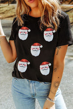 Load image into Gallery viewer, Black Faux Sequin Christmas Claus Pattern Crewneck T Shirt
