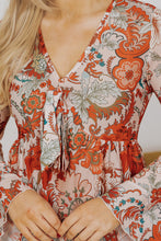 Load image into Gallery viewer, Orange Floral Print Deep V Neck Knot Bell Sleeve Blouse
