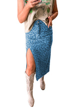 Load image into Gallery viewer, Sky Blue Leopard Denim Frayed Split Denim Midi Skirt
