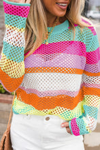Load image into Gallery viewer, Rose Red Colorblock Patchwork Knit Crochet Eyelet Sweater
