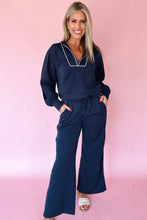 Load image into Gallery viewer, Navy Blue Contrast Piping Zipped Pullover Cropped Pants Set
