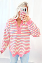 Load image into Gallery viewer, Pink Stripe Buttoned V Neck Collared Drop Shoulder Top
