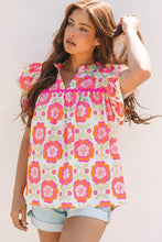 Load image into Gallery viewer, Rose Floral Ruffled Sleeve Ric-rac Trim Split Neck Loose Blouse
