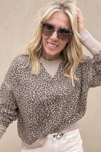 Load image into Gallery viewer, Khaki Leopard Print Patchwork Crew Neck Sweatshirt
