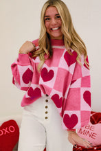 Load image into Gallery viewer, Pink Love Heart Checkered Valentine Crew Neck Sweater

