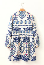 Load image into Gallery viewer, Blue Ethnic Print Striped Split Neck Long Sleeve Flowy Mini Dress
