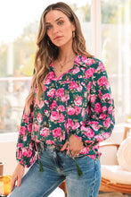 Load image into Gallery viewer, Green Floral Printed Tied Collar Puff Sleeve Blouse
