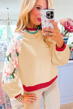 Load image into Gallery viewer, Beige Bowknot Printed Patchwork Raglan Sleeve Colorblock Edge Top
