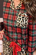 Load image into Gallery viewer, Racing Red Retro Plaid Leopard Print Patchwork Long Sleeve Shorts Pajama Set
