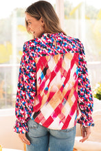 Load image into Gallery viewer, Rose Red Abstract Geometric Pattern Patchwork Puff Sleeve Blouse
