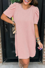 Load image into Gallery viewer, Blossom Corded Knit Crew Neck Puff Sleeve Shift Mini Dress

