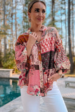 Load image into Gallery viewer, Red Boho Geometric Mixed Print Patchwork Bubble Sleeve Shirt
