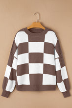 Load image into Gallery viewer, Dark Brown Checkered Bishop Sleeve Sweater
