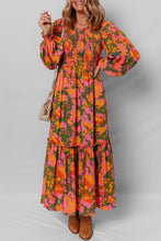 Load image into Gallery viewer, Orange Floral Puff Sleeve Smocked Bodice Ruffled Long Dress
