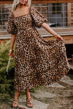 Load image into Gallery viewer, Brown Leopard Print Bubble Sleeve Square Neck Maxi Dress
