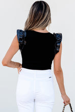 Load image into Gallery viewer, Black Leatherette Ruffle Patchwork Ribbed V Neck Bodysuit

