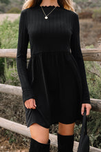 Load image into Gallery viewer, Black Frilled Neck Ribbed Knit Patchwork Long Sleeve Mini Dress
