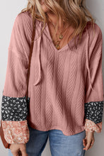 Load image into Gallery viewer, Dusty Pink Floral Patchwork Textured Knit Drawstring V Neck Blouse
