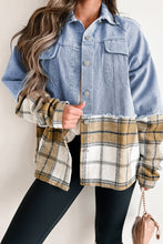 Load image into Gallery viewer, Khaki Plaid Patchwork Buttoned Oversized Denim Jacket

