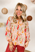 Load image into Gallery viewer, Orange Printed Split V Neck Puff Sleeve Blouse
