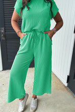 Load image into Gallery viewer, Bright Green Solid Corded Knit Short Sleeve T Shirt and Wide Leg Pants Set
