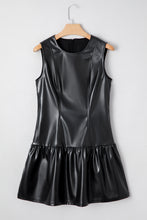 Load image into Gallery viewer, Black Faux Leather Ruffle Hem Sleeveless Mini Dress
