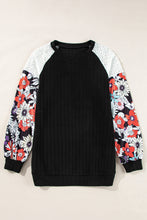 Load image into Gallery viewer, Black Floral Patchwork Long Sleeve Ribbed Blouse
