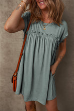 Load image into Gallery viewer, Mist Green Frilled Gathered Seam Round Neck T Shirt Dress
