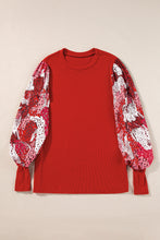 Load image into Gallery viewer, Fiery Red Contrast Mixed Animal Print Lantern Sleeve Patchwork Top
