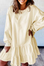 Load image into Gallery viewer, Beige Double Tiered Ruffle Hem Long Sleeve Loose Mini Dress
